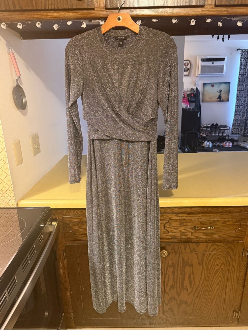 Halogen Silver Metallic Long Sleeve Wrap-Style Maxi Dress